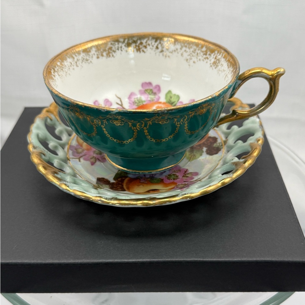 Teal and Gold Hand-Painted Porcelain Teacup & Saucer